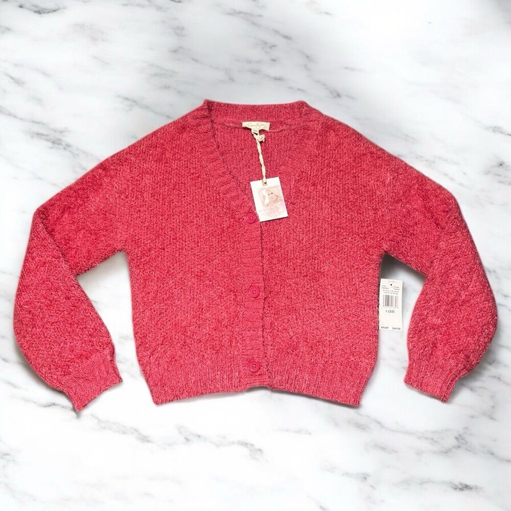 Jessica Simpson Women’s Large Pink Cropped Cardigan Soft Knit Button Front NWT